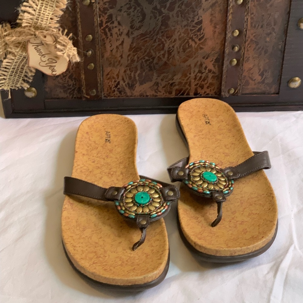 Size 8 teal and brown sandals